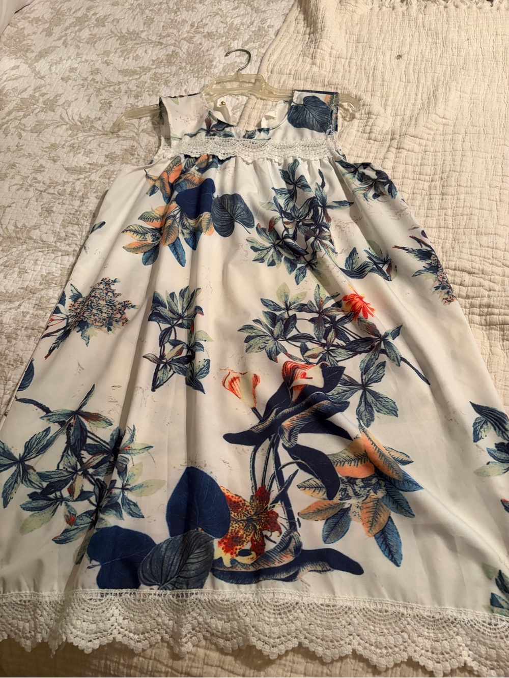 White Floral Sleeveless Sundress with Lace Trim
